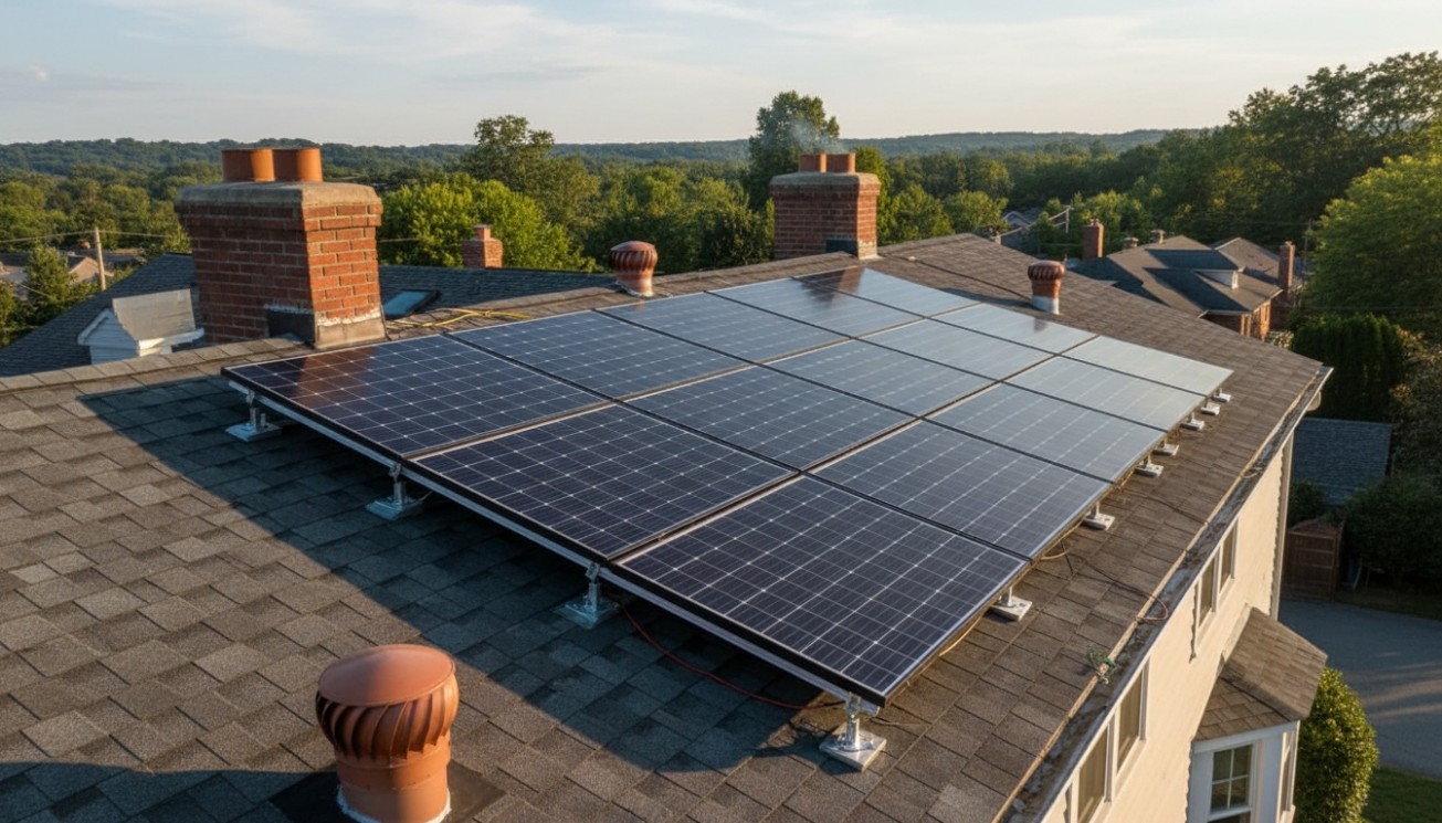 Residential rooftop solar panels installed close to a dark roof surface with limited rear-side reflection for bifacial gain